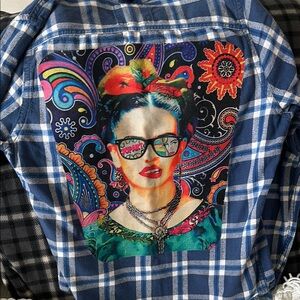 Blue Plaid Shirt with Colorful Graphic